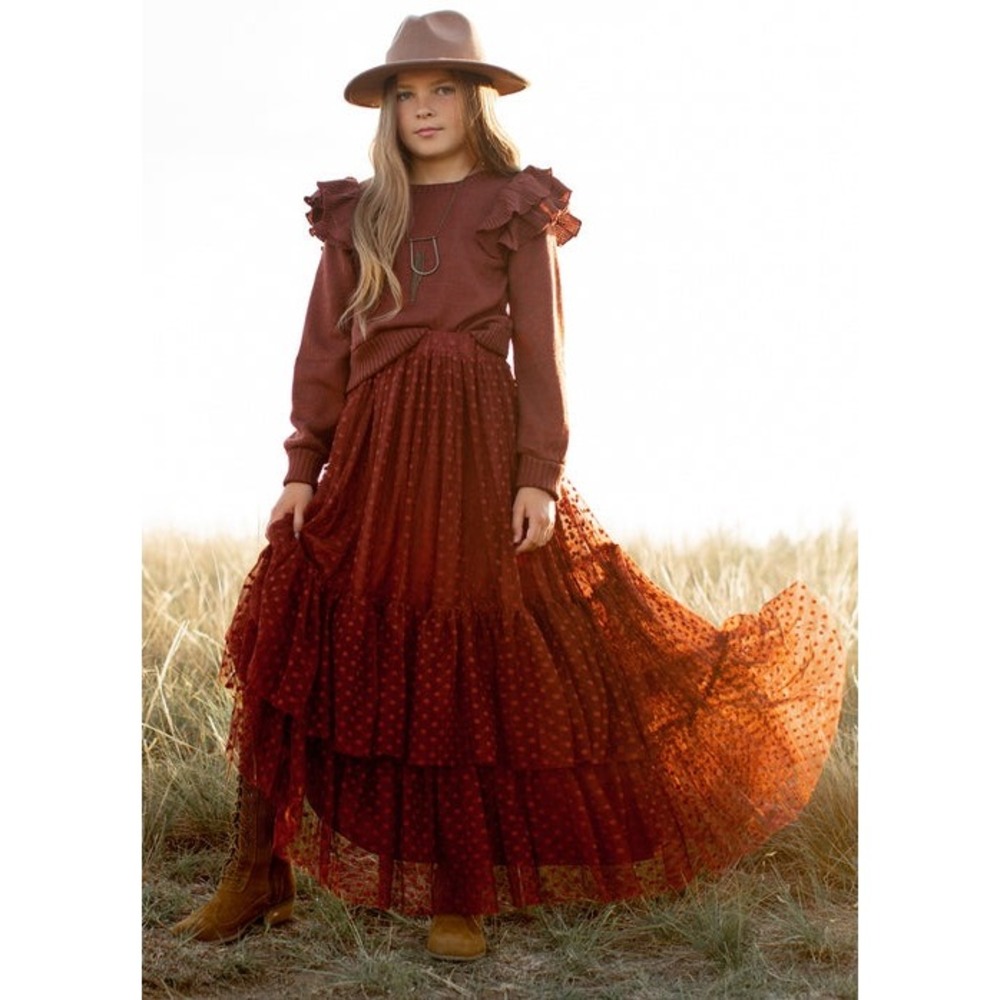 Mia Joy by Joyfolie Skirt Girls 7 Ada Rust Swiss Polka Dot Tulle Tiered Maxi